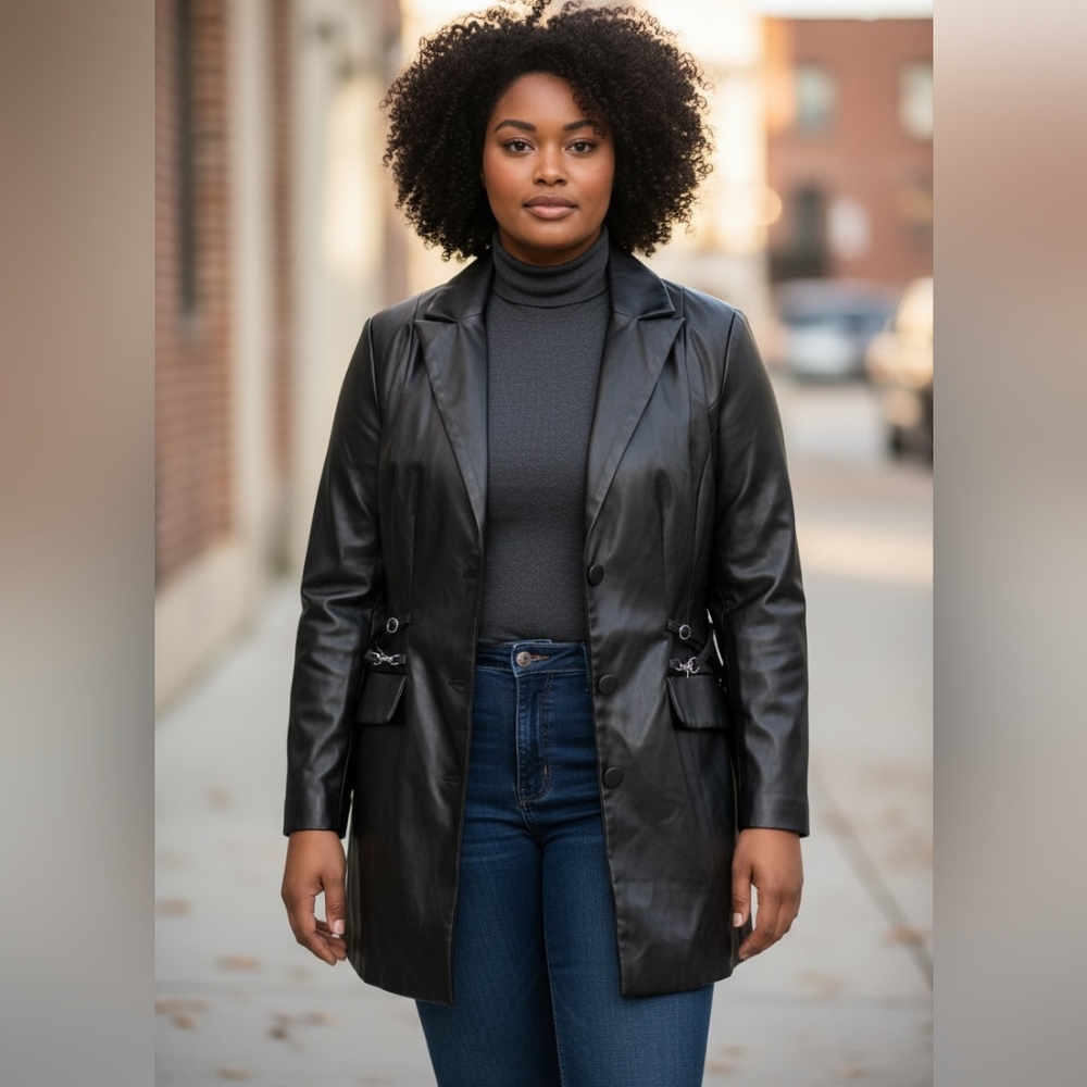 Eloquii Black Faux Leather Button Front Side Ring Detail Jacket Women's Size 16